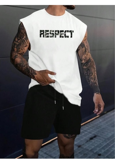 Altamira Erkek Beyaz Respect Baskılı Kolsuz T-shirt Şort Takım 001