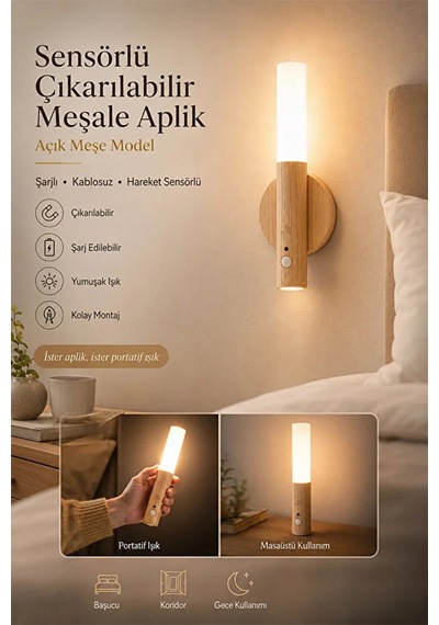 Sensörlü Şarjlı Meşale Aplik Kablosuz Led Duvar Lambası Çıkarılabilir Dekoratif Gece Işığı Wb-3022 Bej