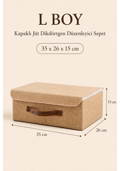 Kapaklı Jüt Düzenleyici Sepet L Boy 35x26x15 Cm Dolap İçi Raf Banyo Ve Aksesuar Saklama Kutusu Bej
