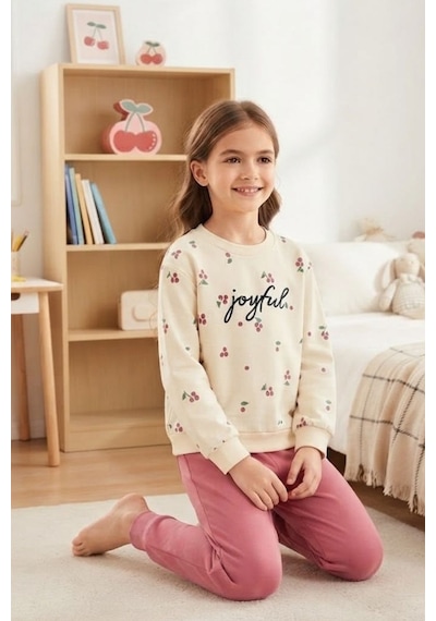 Pina Kids Kız Çocuk Kirazlı Desenli Okul Günlük Eşofman Takımı Esf7034 Pembe