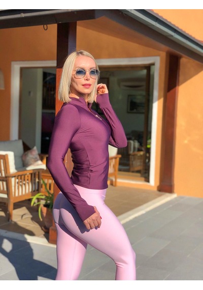 Lismina Mürdüm Rengi Parmağa Geçmeli Fermuarlı Uzun Kol Spor Bluz Mürdüm