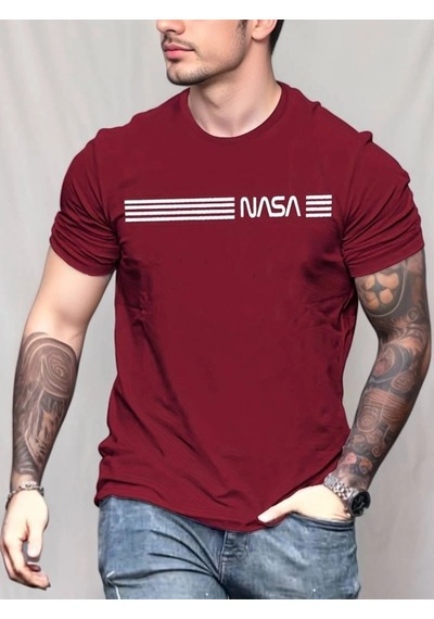 Valensdesign Erkek Kısa Kollu Nasa Baskı Basic Erkek T-shirt Bordo