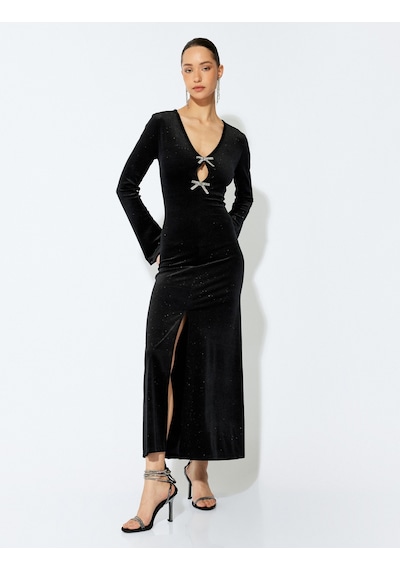 Koton Uzun Kollu Önden Yırtmaçlı Taşlı Fiyonk Detaylı Slim Fit Parıltılı V Yaka Uzun Kadife Elbise Siyah 5wak80344ek Siyah Koton Uzun Kollu Önden Yırtmaçlı Taşlı Fiyonk Detaylı Slim Fit Parıltılı V Yaka Uzun Kadife Elbise Siyah 5wak80344ek Siyah