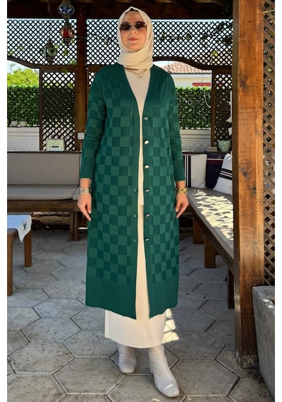 Rabia Şamlı Dama Desenli Triko Hırka Zümrüt Normal