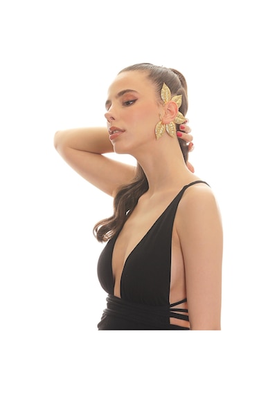 Kadın Altın Renk Lak Kaplama Zirkon Taşlı Dokulu Yaprak Stilizesi Sol Kulak Earcuff&kıkırdak Küpe Çok Renkli
