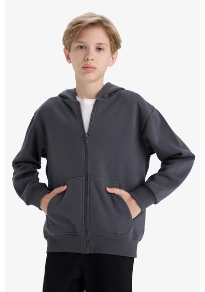 Defacto Erkek Çocuk Kapüşonlu Basic Düz Okul Fermuarlı Sweatshirt X7382a625wnar126 Antrasit