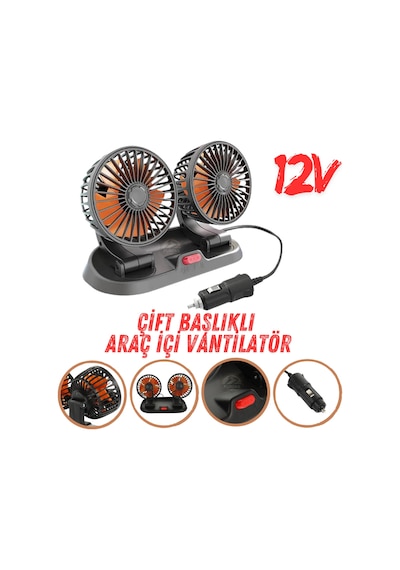 Araç İçi Vantilatör 360 Dönebilen Torpido Üstü Çift Başlıklı Vantilatör 12v Uyumlu Çakmaklık Girişli Soğutucu Fan