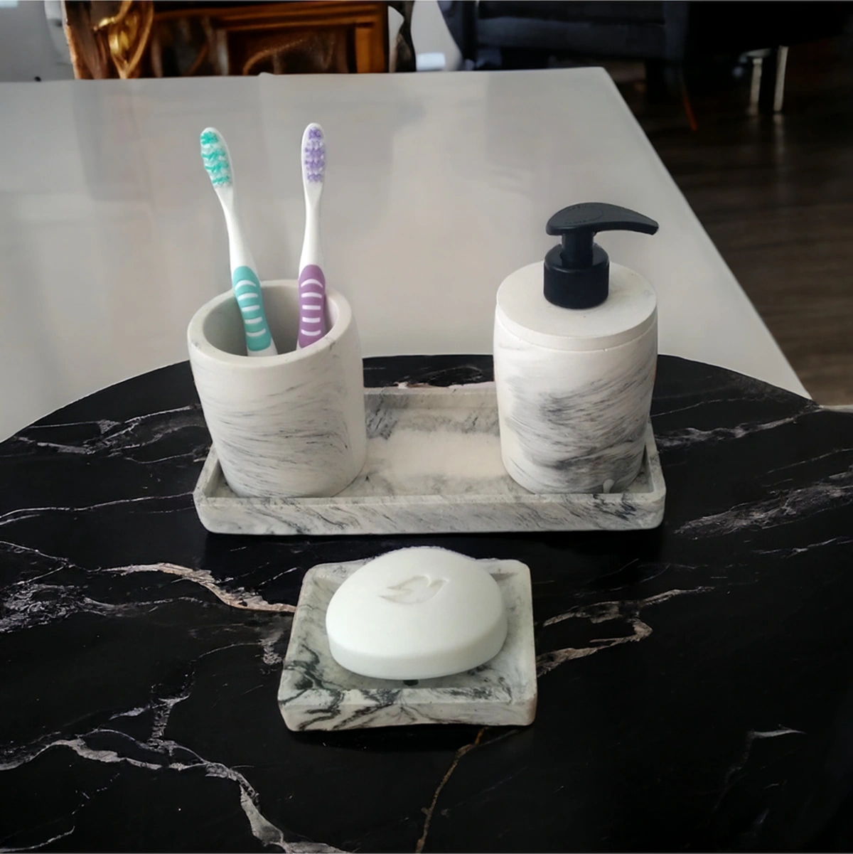 Marble 4'lü Banyo Seti , Sıvı Sabunluk Diş Fırçalığı Beton Aksesuar Takım Gri