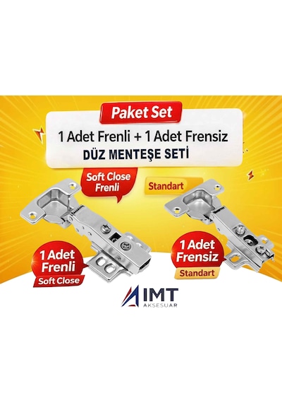İmt Aksesuar 1 Adet Frenli 1 Adet Frensiz Düz Menteşe Seti - Mobilya Dolap Mutfak Ve Gardırop Kapak Menteşesi Metalik