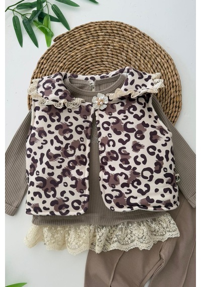 Miniğimin Cicileri Leopar Şişme Yelekli Güpür Detaylı Kız Bebe 3 Lü Takım - Kahve Köpüğü Miniğimin Cicileri Leopar Şişme Yelekli Güpür Detaylı Kız Bebe 3 Lü Takım - Kahve Köpüğü