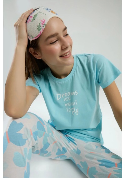 Rolypoly Kadın Mavi Kısa Kol Pijama Takım Mavi