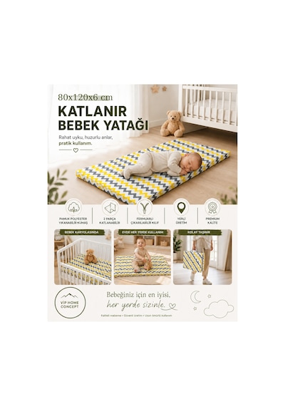 Katlanır Çocuk Yatağı Sünger Yer Yatağı Oyun Minderi Taşınabilir 80x120x6 CM - Sarı Gri Zikzak 80 X 120