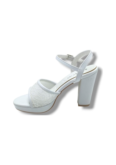 Erbay 320-26 Simli Dantelli Cilt Tek Bant Kalın Topuk Kadın Sandalet 11cm Beyaz