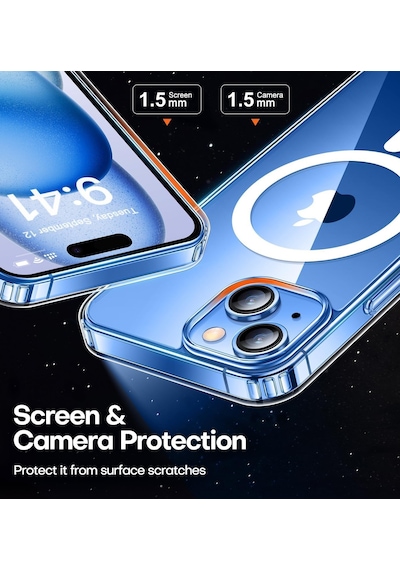 Sararmaz Apple iPhone Uyumlu 13 Ve 14 İle Uyumlu Crystal Clear Mika Manyetik Darbe Emici Şeffaf Kılıf Şeffaf Manyetik Mika Sararmaz,13-14