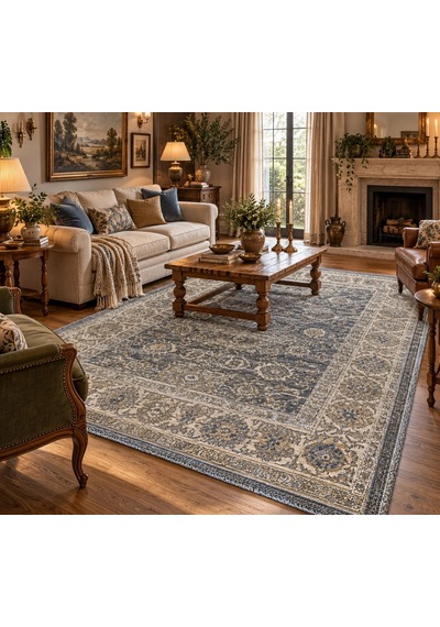 Luxess Halı Alpaca 1191 Mavi Eskitme Desenli Makine Halısı Çok Renkli Mavi