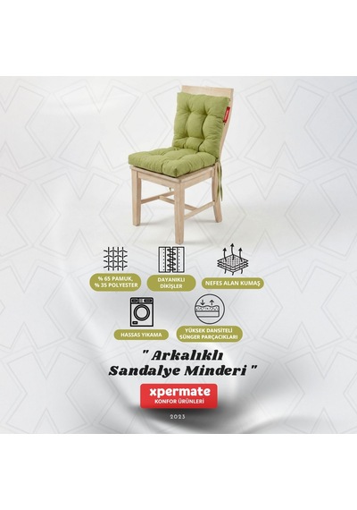 Pofuduk Arkalıklı Sandalye Minderi Bağcıklı Yıkanabilir Dekoratif Minder Yeşil