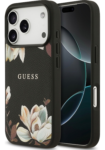 Apple Uyumlu iPhone 17 Pro Kılıf Guess Lisanslı M-safeli Taneli Çiçek Tasarımlı Metal Yazı Logolu Siyah Siyah