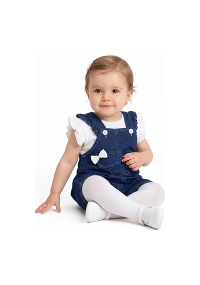 Bebegen Kız Bebek Beyaz Laci Cepli Fiyonklu Kot Salopet Takım