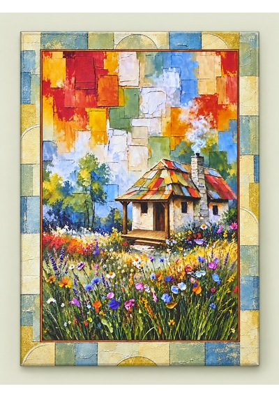 Renkli Bloklar Kenar Detaylı Çiçekli Kır Evi Temalı Dekoratif Ahşap Tablo 37x52 Cm