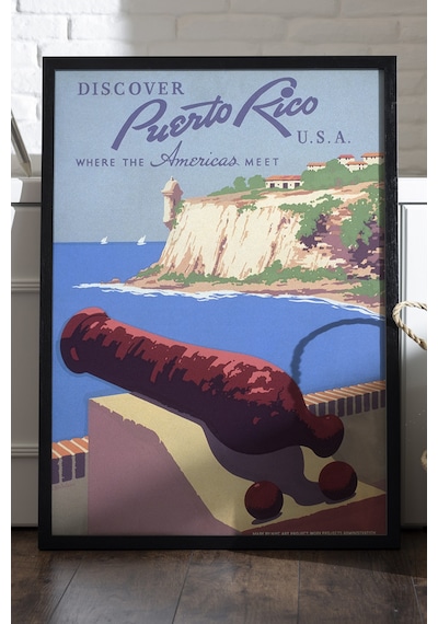 Puerto Rico Siyah Ahşap Çerçeveli Poster, Dekoratif Seyahat Duvar Tablosu