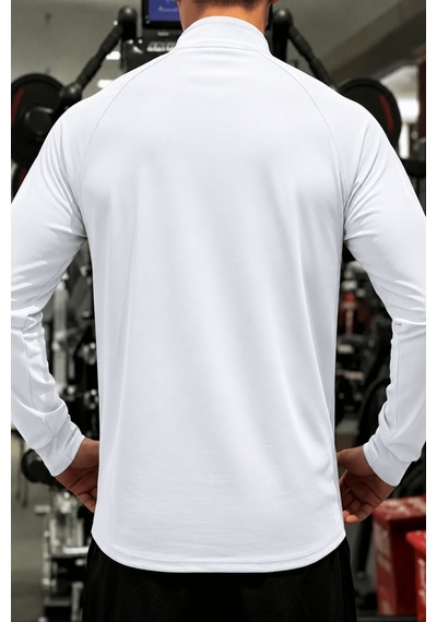 Genius Store Erkek Yarım Fermuarlı Compression Uzun Kol Spor Tişört Ve Fitness Tişörtü Dalgıç-uzun Beyaz