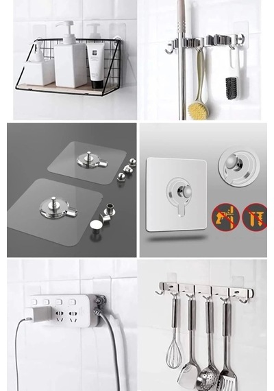 Else Mutfak 5 Adet Yapışkanlı Duvar Vida Kancaları Şeffaf Raf Duvar Tablo Askıları Banyo Organizer M Diğer
