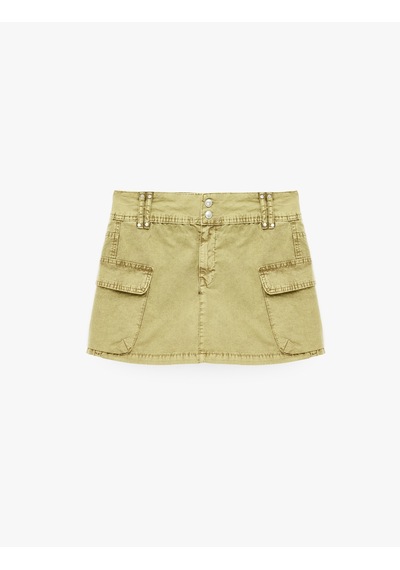 Koton Normal Bel Cep Detaylı Düğmeli Pamuklu Denim Kargo Cepli Carpenter Mini Şort Etek Haki 7wal70006mw
