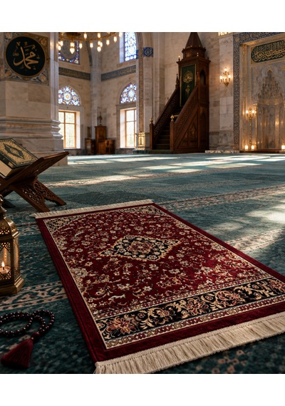 Bordo Klasik Desenli Dijital Baskı Seccade Geleneksel Motifli Namaz Seccadesi
