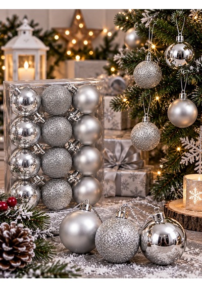 12'li Set 4 Cm Gümüş Yılbaşı Ağacı Süsü Mat, Simli Ve Parlak Karışık Çam Ağacı Topu Noel Süsü Diğer