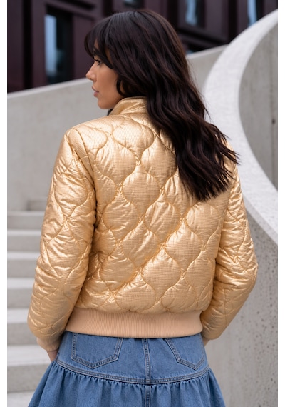 Weshaya New Collection Kadın Yeni Sezon, Gold Ekose Kareli, Astarlı, Cepli, Fermuarlı, Beli Ve Kolları Lastikli İnce Mont Altın