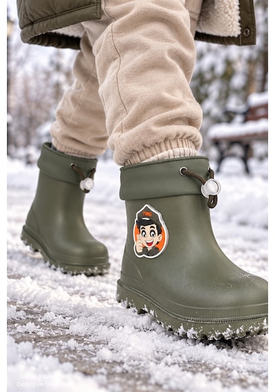 Muggo Kitty İçi Kürklü Lastikli Unisex Çocuk Günlük Yağmur Ve Kar Çizmesi Haki
