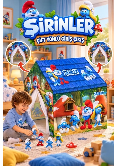 Şirinler Lisanslı Çocuk Çadırı Çift Yönlü Hayal Evi 100 X 100 Cm Eğlenceli Oyuncak Çadır Çok Renkli