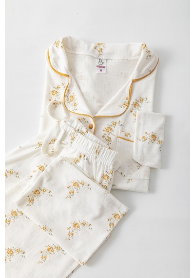 Nisanca Uzun Kol Gömlek Yaka Kadın Pinterest Pijama Takımı - Mevsimlik Kadın Pijama- Geniş Beden Aralığı Hardal