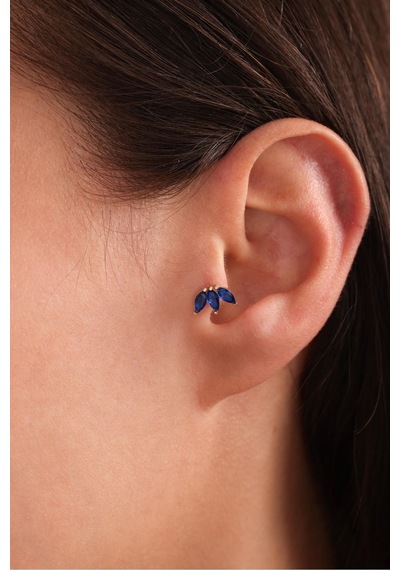 14 Ayar Altın Lacivert Markiz Taşlı Lotus Tragus Küpe