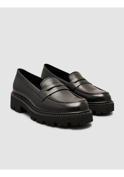 %100 Hakiki Deri Siyah Kalın Taban Kadın Loafer Ayakkabı Siyah