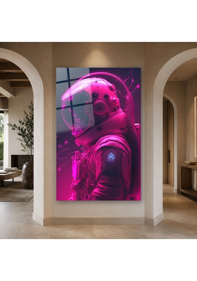 Pembe Neon Kasklı Astronot Çerçevesiz Cam Tablo
