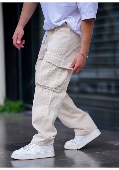 Cool Tarz Erkek Kargo Cep Baggy Pantolon Krem Rengi Krem Krem