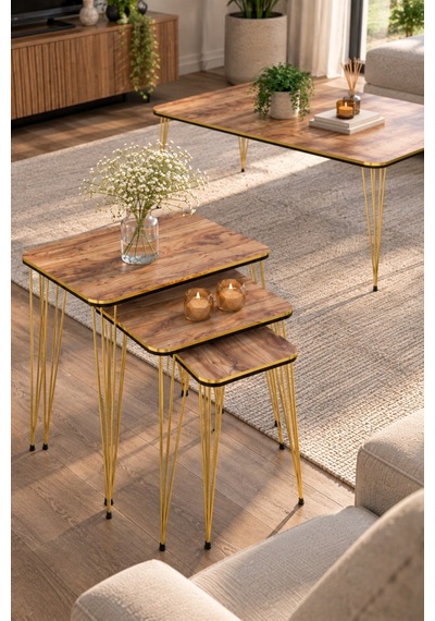 Sulorahome Ceviz Desenli Gold Tel Ayaklı 4'lü Sehpa Seti Ceviz - Altın