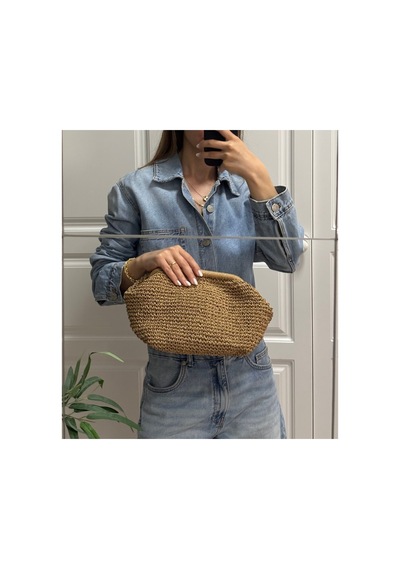 İçi Astarlı Hasır Clutch Örme Burslu Günlük Şık El Çantası