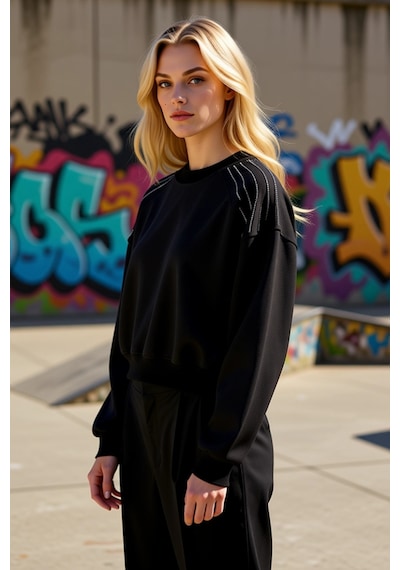 Benerly Kadın Bisiklet Yaka Reglan Kol Örme Sweatshirt Fonksiyonel Dayanı siyah