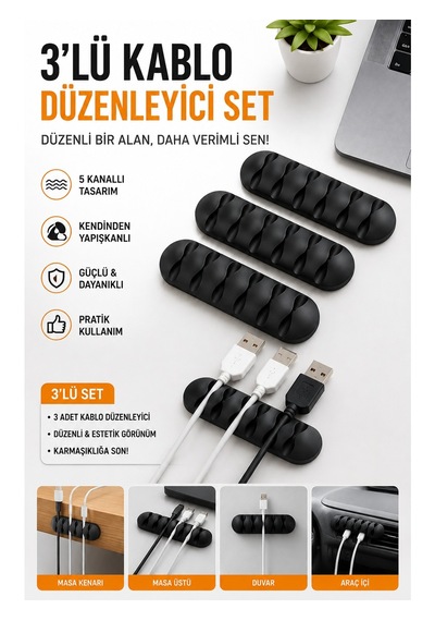 3 Adet Kablo Düzenleyici, 5 Kanallı Kendinden Yapışkanlı Kablo Tutucu, Siyah