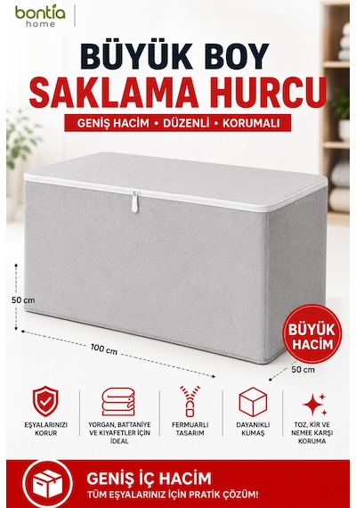 Büyük Boy Saklama Hurcu 100x50x50 Cm Fermuarlı Hurç Yorgan Battaniye Kıyafet Düzenleyici Dolap İçi Ve Baza Altı Saklama Kutusu Krem