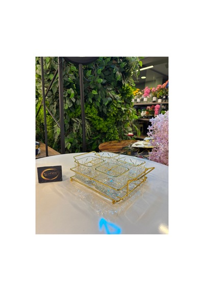Ars Paşabahçe Timeless Yaldızlı Kare Kase, Metal Gold Standlı 4'lü Çerezlik, Sunumluk, Kahvaltılık