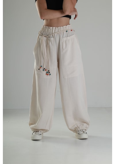 Cocopelli Tasarım Keten Bej Baggy Pantolon Coc1291 Bej