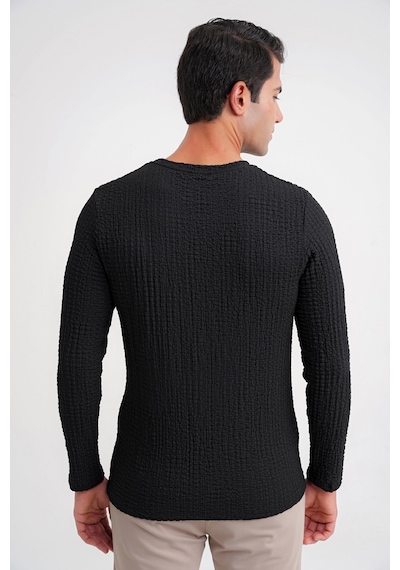 Efor Slim Fit Esnek Pamuklu Dokulu Kumaş Uzun Kollu Siyah Tişört Ts 934
