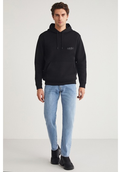 Grımelange ANDREAS Erkek Kapüşonlu İçi Polarlı Baskı Detaylı Siyah Sweatshirt