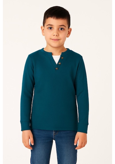 Düğme Detaylı Mevsimlik Uzun Kollu Kaşkorse Kumaş Sweatshirt Petrol Mavisi Renk Erkek Çocuk-90805 Petrol