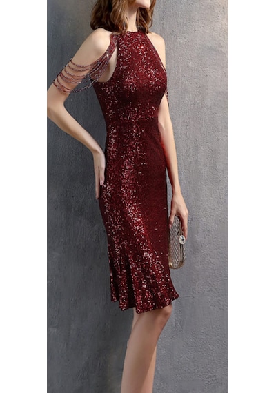 Hanife Glam Couture Hanife Glam Boncuk Detaylı Pulpayet Abiye Elbise Bordo