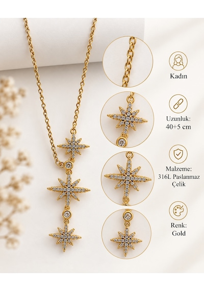 Işıltılı Üçlü Yıldız Taşlı Kadın Kolye Gold 316l Paslanmaz Çelik 40+5 Cm Renkli
