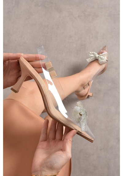 Dabab Shoes Şeffaf Arkası Açık Sivri Burun Topuklu Ayakkabı Bej